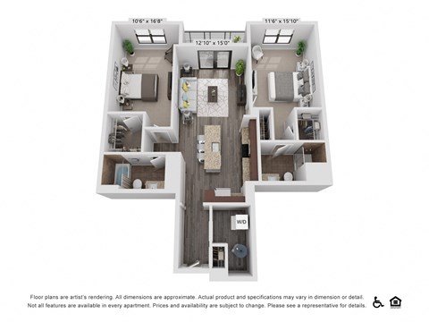 Floor plan for 2 beds, 2 baths, 1153 sqft